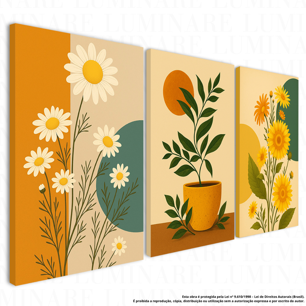 Kit 3 Quadros Decorativos Floral Margaridas Girassol Folhagem Boho Amarelo Mostarda Bege Moderno Sala Quarto Escritório