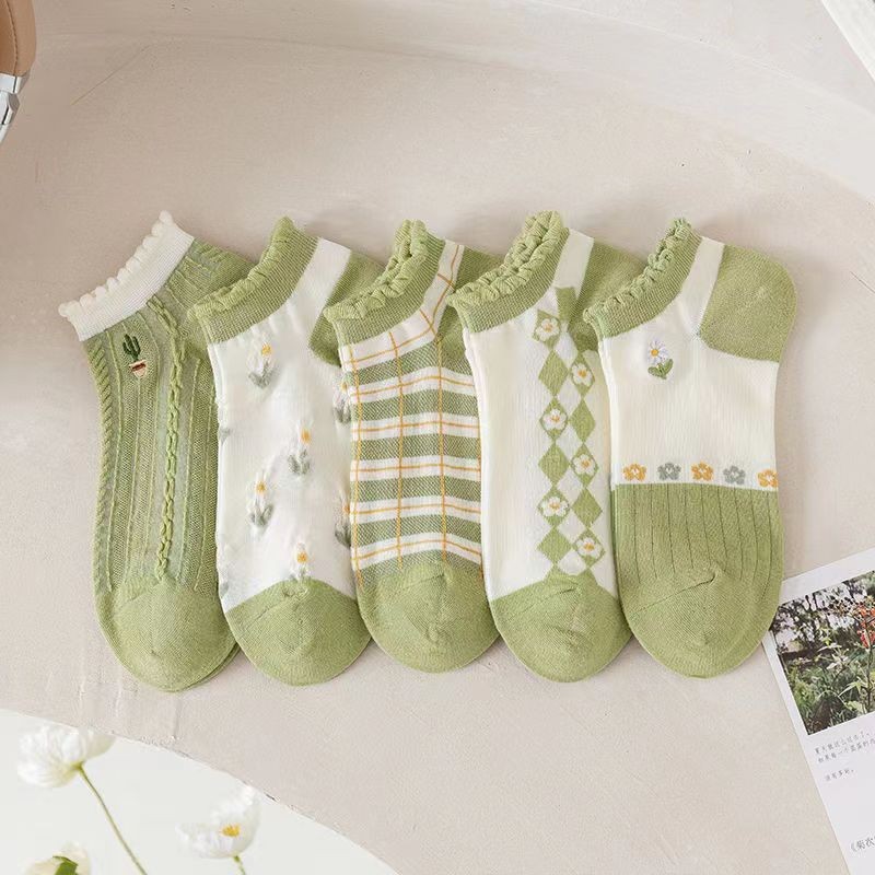 Kit 5 Pares Meia Feminina Curta Renda Verde Floral Fofa Estilo Kawaii Romântico