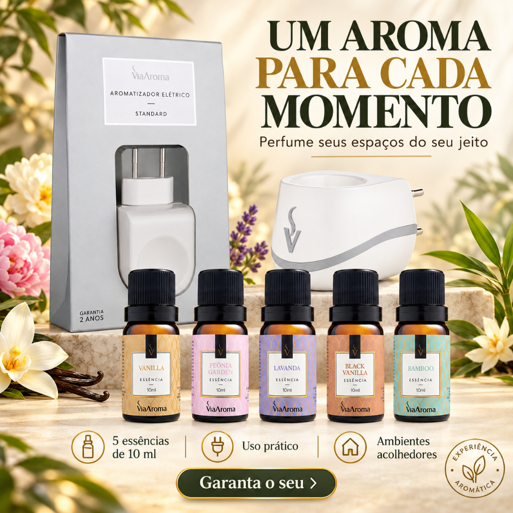 Kit Difusor Elétrico e 5 Essências 10ml Vanilla, Peonia Garden, Lavanda, Black Vanilla e Bamboo Via Aroma