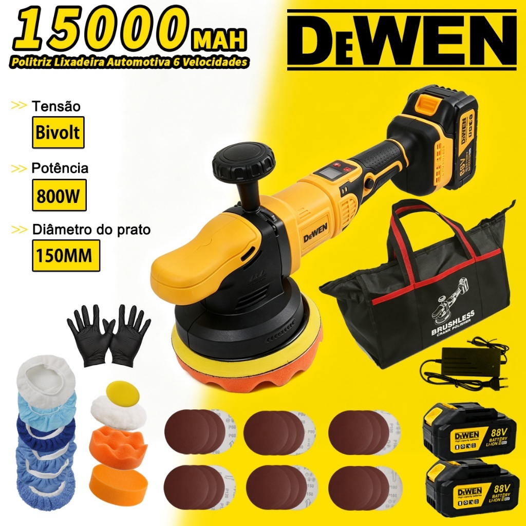 Cordless Orbital Polisher/Sander 800W, 6 Níveis de Velocidade 2 Batteries 88v Professional Power for Precise Polishing