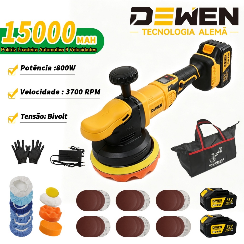DEWEN Automotive Polisher Cordless Orbital Sander 800W, 6 Níveis de Velocidade 2 Batteries 88v Professional Power