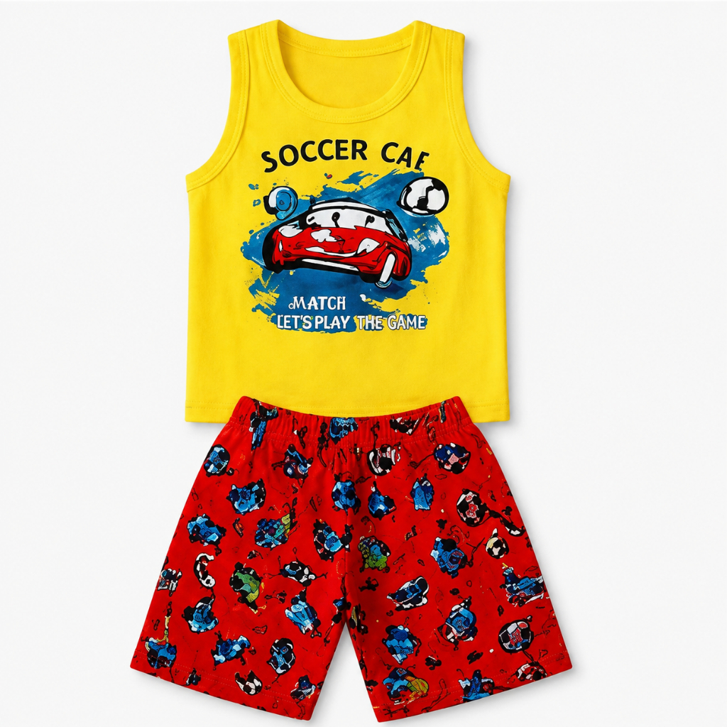 Conjunto Infantil Menino Soccer Car Regata Amarela e Bermuda Vermelha 2 ao 12