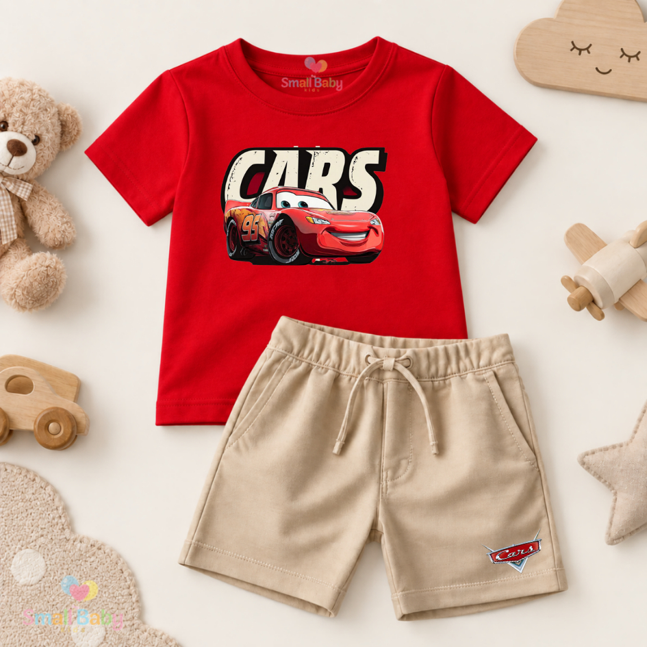 Conjunto Infantil Camiseta e Short Moletinho Mcqueen Cars Desenho Menino Verão Estiloso