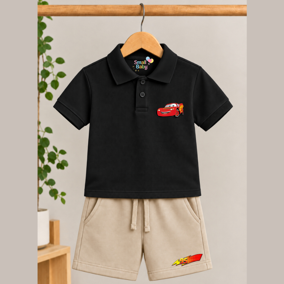 Conjunto Infantil Camiseta Gola Polo e Short Moletinho Cars Carro Mcqueen Meninos Verão Estampado
