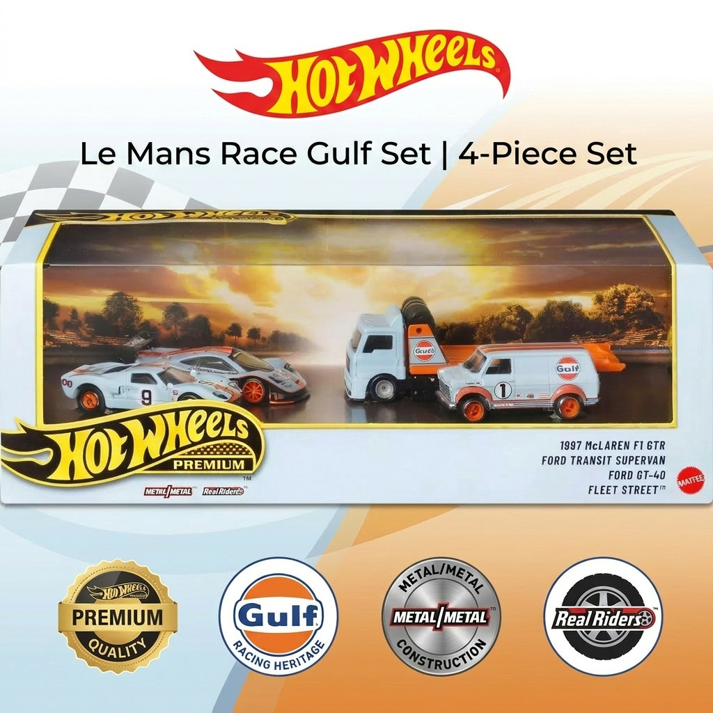 Hot Wheels Premium Gulf Le Mans Collector Set 4 Cars McLaren F1 GTR Ford GT-40 Diecast Toy 3+
