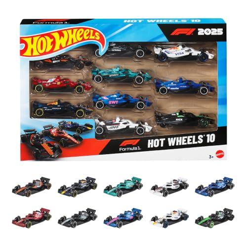 Hot Wheels Formula 1® 10-Car Pack Die-Cast Mini Cars 1:64 Scale — 10-Piece Set, Ages 3+ (JMM24)