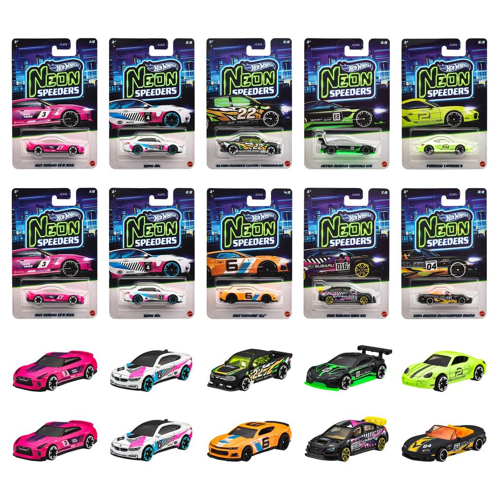 Hot Wheels Neon Speeders Assortment Vehicle Toy Mini Cars Box Set of 10 for Ages 3 and Up Multi HLH72-986G