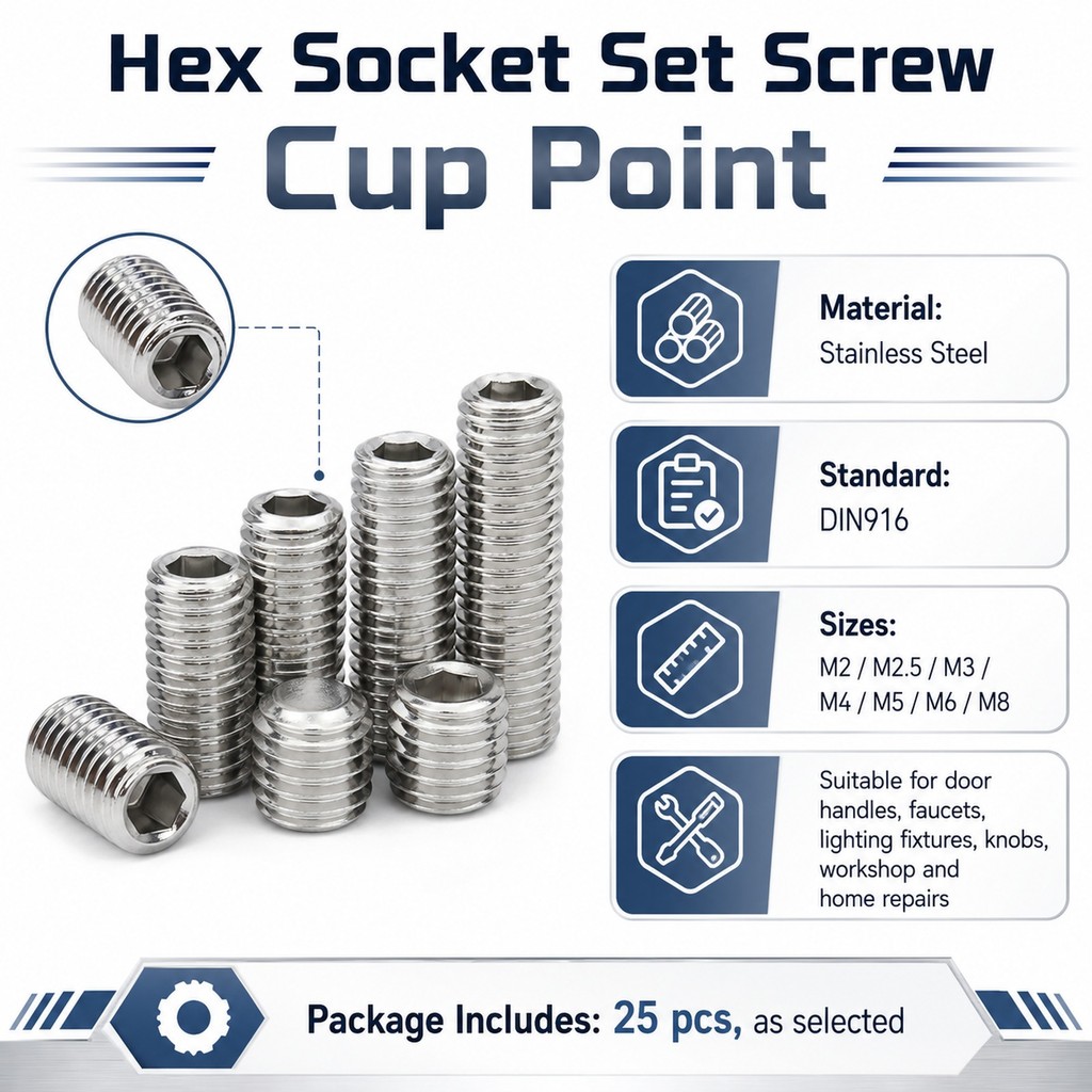 25Pcs Hex Socket Set Screw Cup Point Stainlesss Steel DIN916, Headless Allen Screw M2 M3 M4 M5 M6 M8 for Machine Repair