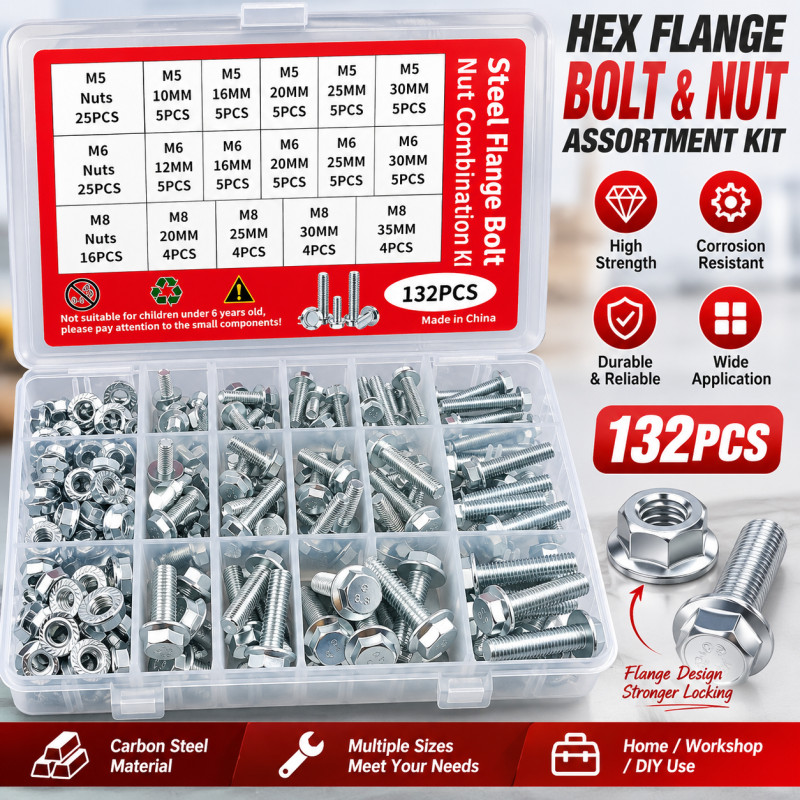 132 Piece Flange Bolt and Nut Set M5 M6 M8 Assortment Box Kit de fixação de hardware