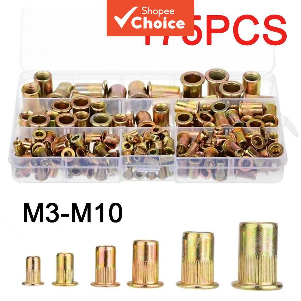 Um 175 Pçs/Set Kit Porca Rebite De Aço M3/M4/M5/M6/M8/M10 Cabeça Plana Rosca Inserir Rivnuts Multi Tamanho Variedade