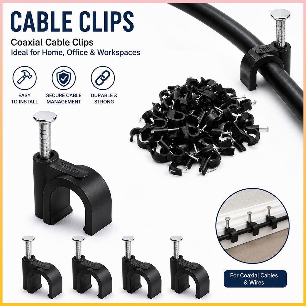 100 Pçs/Set Prego Em Clipes De Cabo , Pregos De Aço Preto Redondo Fio Suporte De Metal Plástico