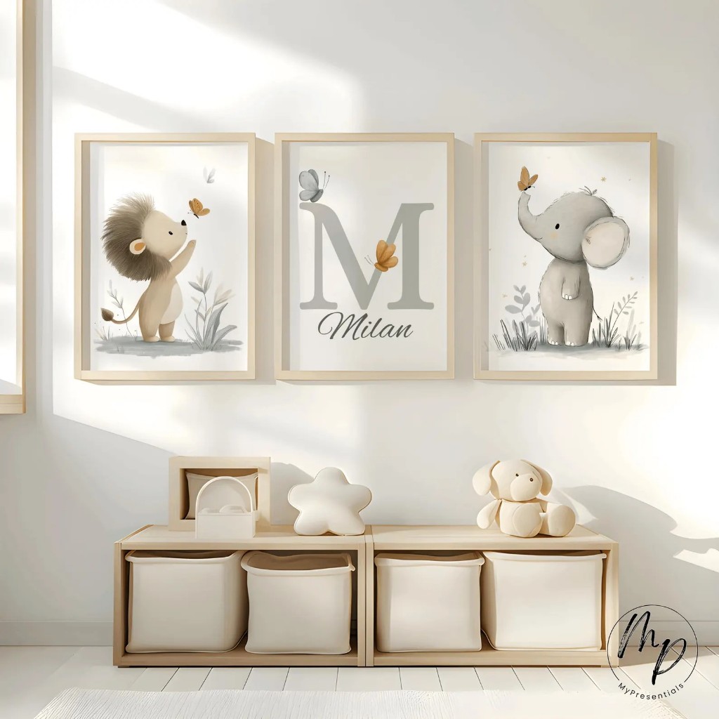 Quadros PERSONALIZADOS COM NOME - Envie no chat| Animais Safari | Quarto Bebê Menino – Mini Jungle No2