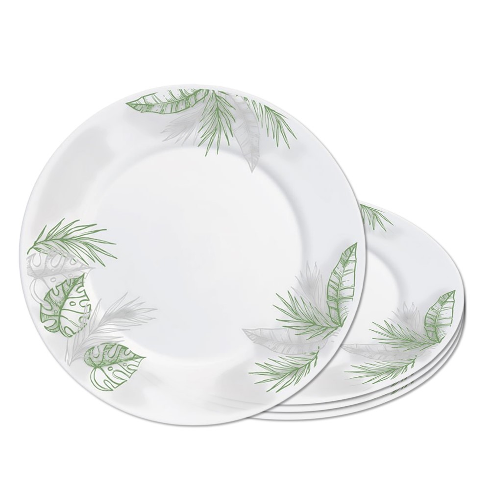 Jogo 4 Prato Raso Opaline de Vidro Branco com Folhas Jungle Leitoso 26cm Haüskraft