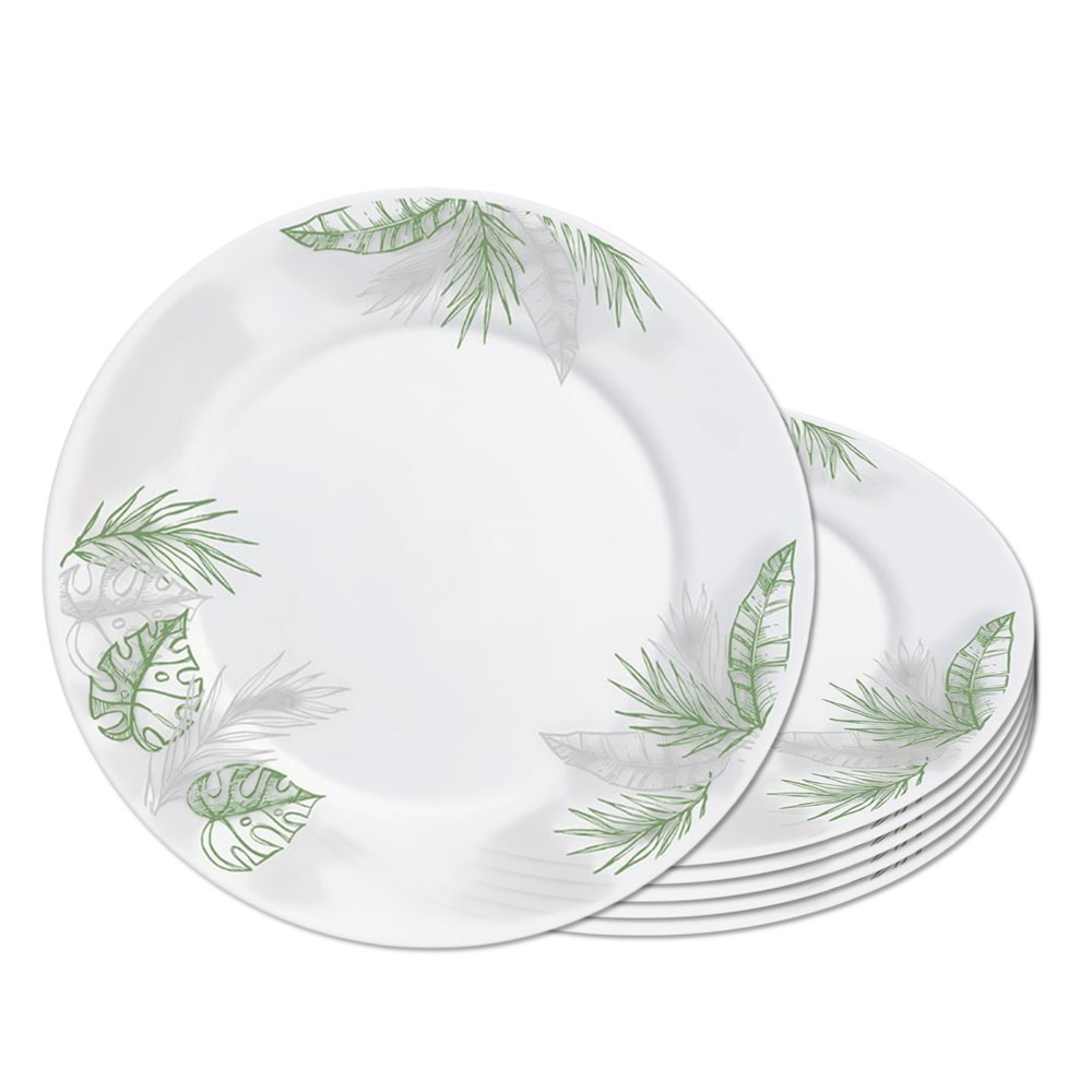 Jogo 6 Prato Raso Opaline de Vidro Branco com Folhas Jungle Leitoso 26cm Haüskraft