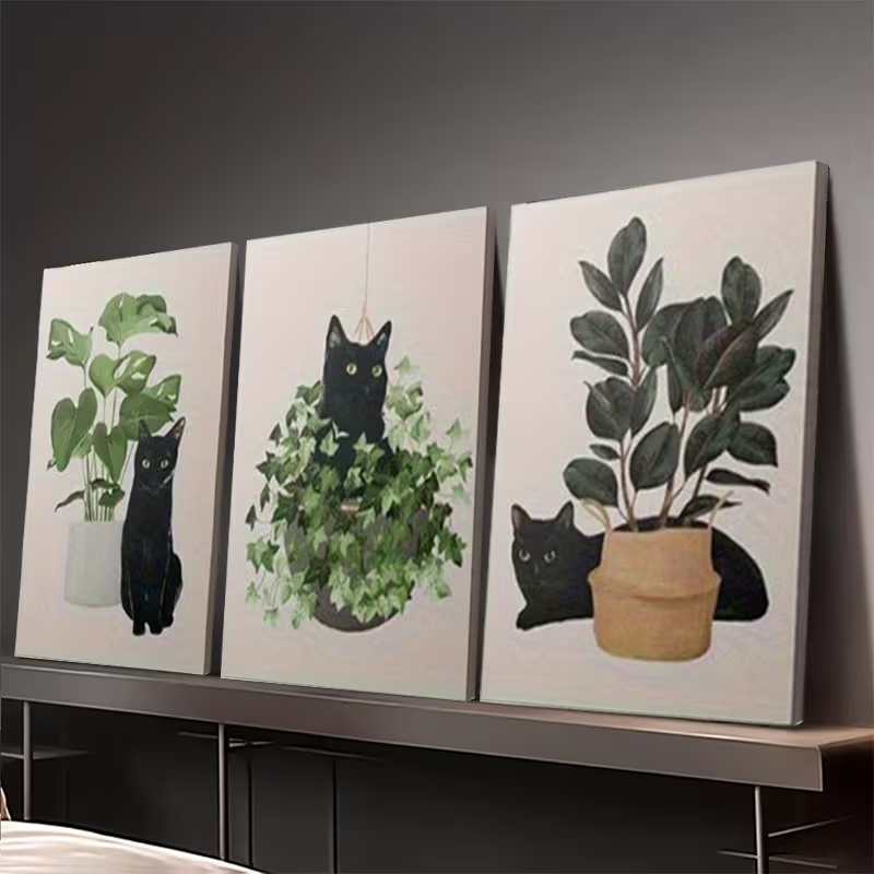 Quadro Decorativo Trio Gatos Pretos e Plantas Urban Jungle