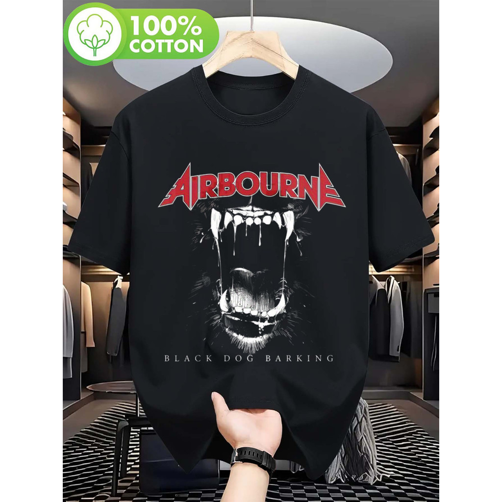 Camiseta Vintage Airbourne Band Black Dog Barking Estampada Rock Metal Estilosa Confortável Moderna Retrô