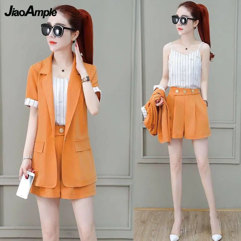 2026 Summer New Suit Jacket Shorts Suspenders Three-piece Women's Professional Wear Korean Fashion Blazers Coat Vest Pants Set