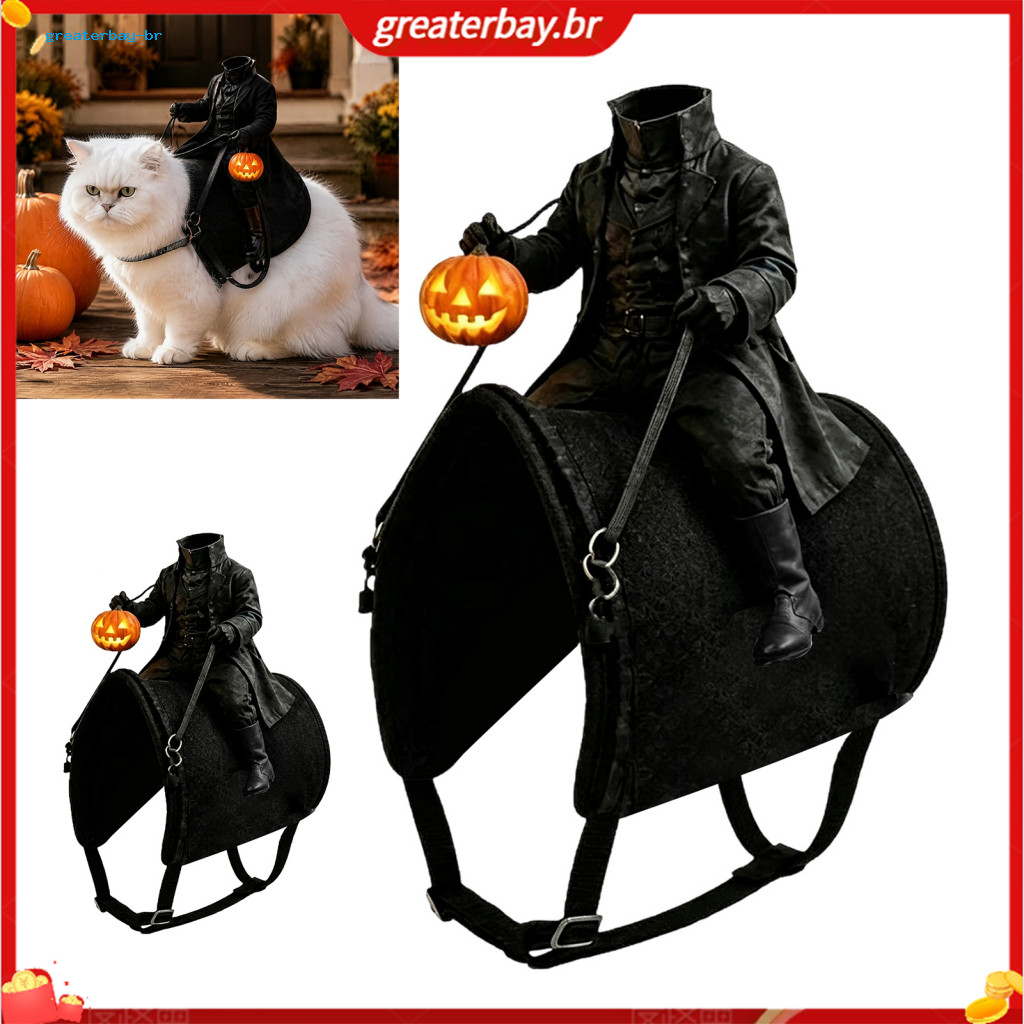 Halloween Headless Horseman Pet Costume for Small Dogs Cats 3d Rider Outfit with Pumpkin Lantern Adjustable Harness Funn