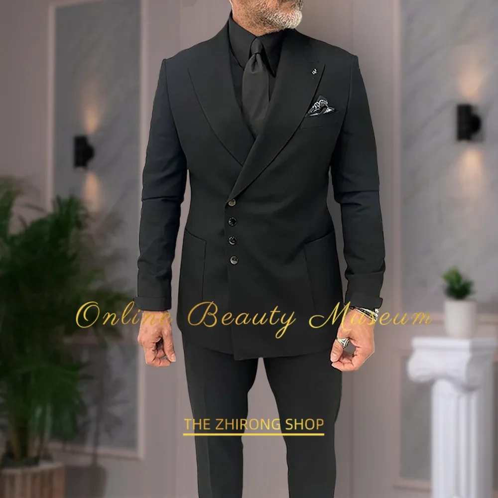 Modern Men’s Black Suit Peak Lapel Jacket Pants Slim Fit 2 Piece Set for Wedding Groomsmen Office Professionals Custom Tuxedo