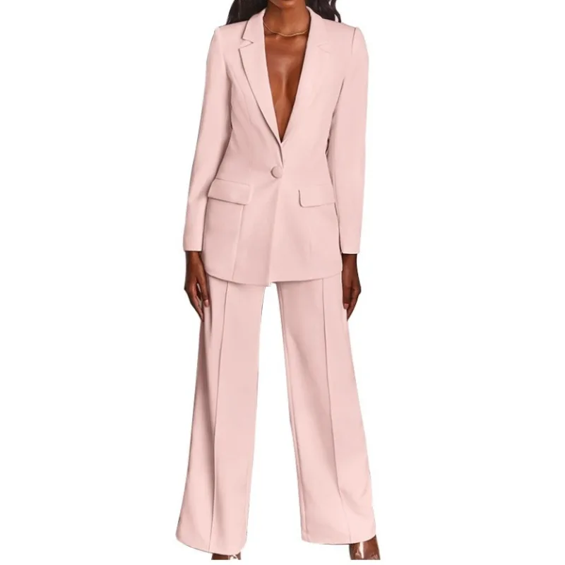 European American Women's Clothing Autumn New Cross-border Fashion Pure Color Jacket Commuting Loose Trousers Professional Set