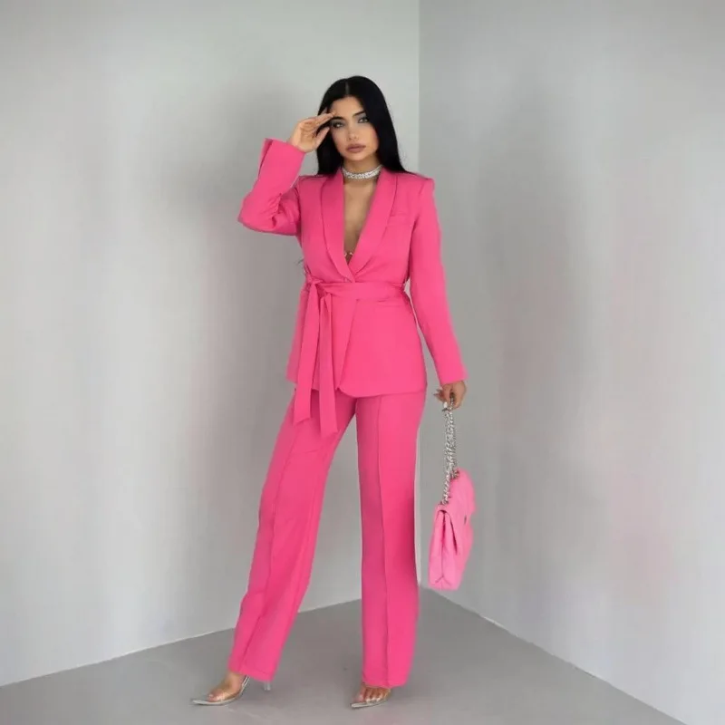 Women's Clothing Autumn New Cross-border Fashion Lace-up Jacket Commuting Loose Trousers Professional Set European and American