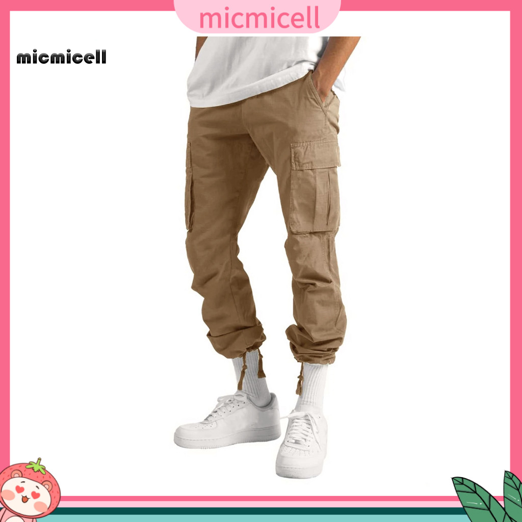 Ergonomic Design Pants Drawstring Leg Straps Trousers Men's Cargo Multi Pockets Elastic Waist Adjustable Plus Size Loose