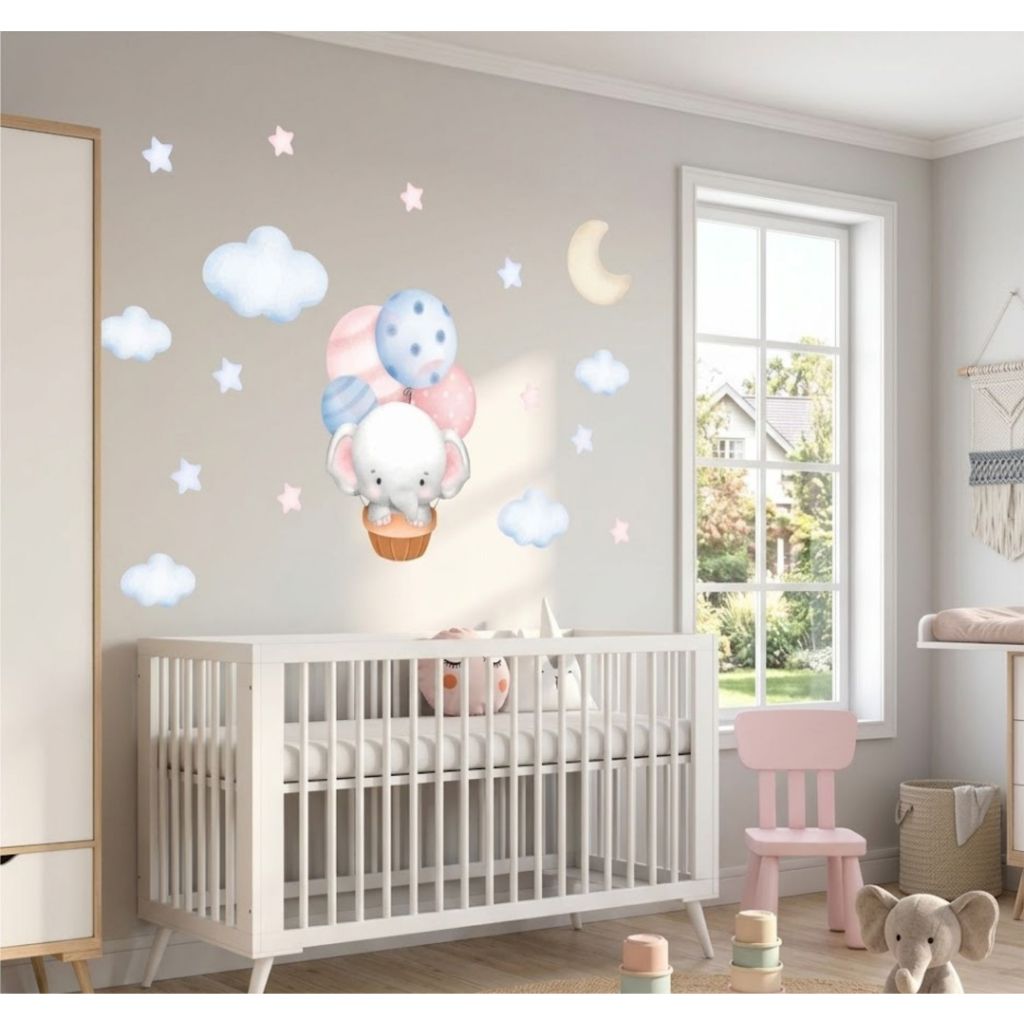 Adesivo de Parede Elefante Cute Boho Balão e Nuvens Papel de Parede Infantil