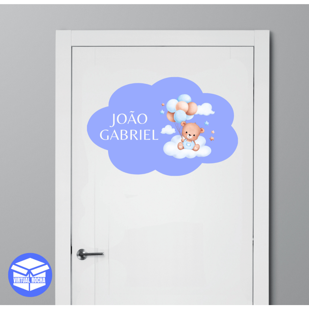 Quadro Decorativo Placa Nuvem Azul Menino Ursinho Baby Cute Personalize MDF