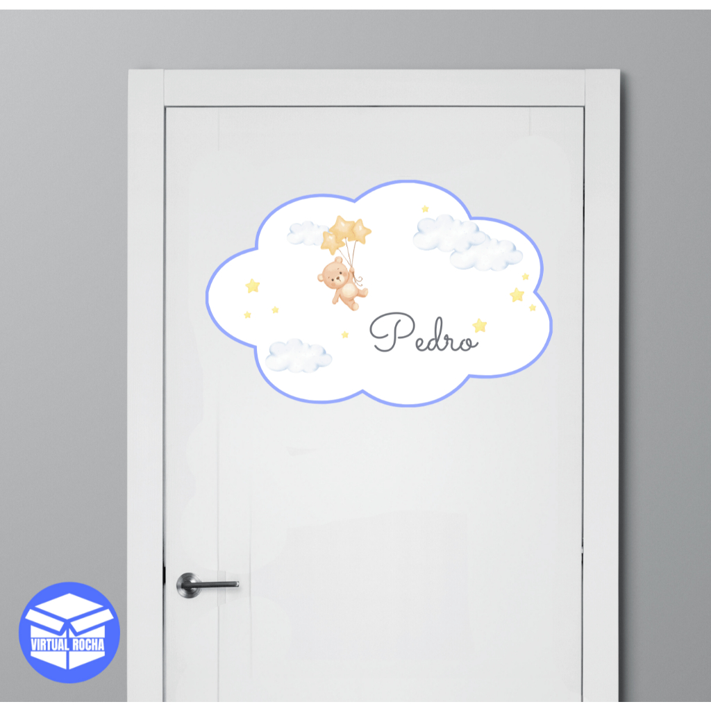 Quadro Decorativo Nuvem Placa Porta Urso Baby Cute Branco Azul Personalize MDF