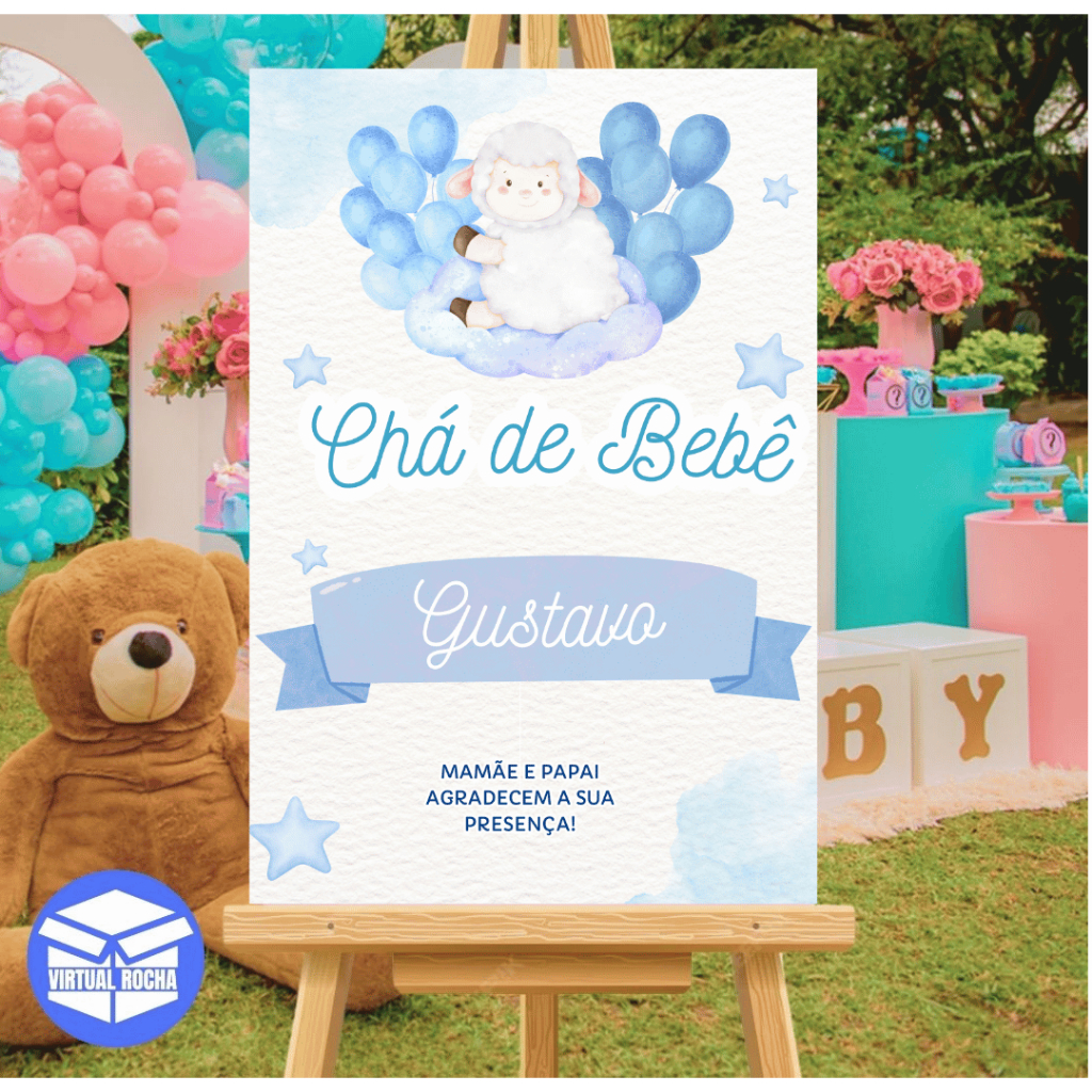 Quadro Decorativo Chá Bebê Ovelha Cute Fofa Infantil Azul Menino MDF