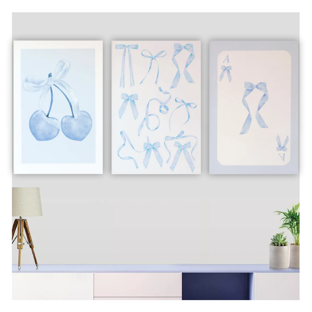 Quadro decorativo coquette fofo azul cereja laços lindo decoração para sala quarto cherry cute