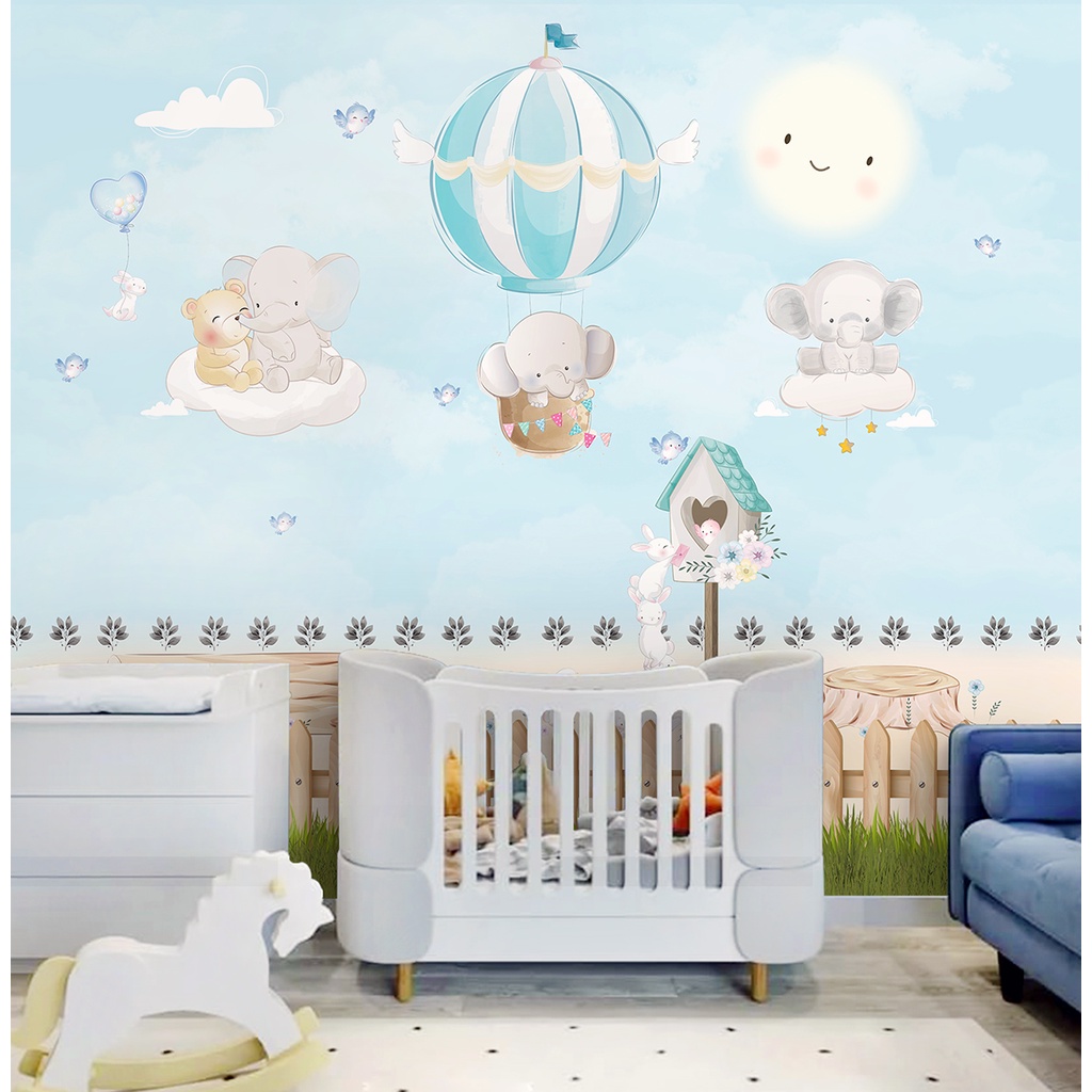 Papel de Parede Infantil Safari Elefante Baby Cute Azul Para Quarto de Bebê e Criança Sob Medidas
