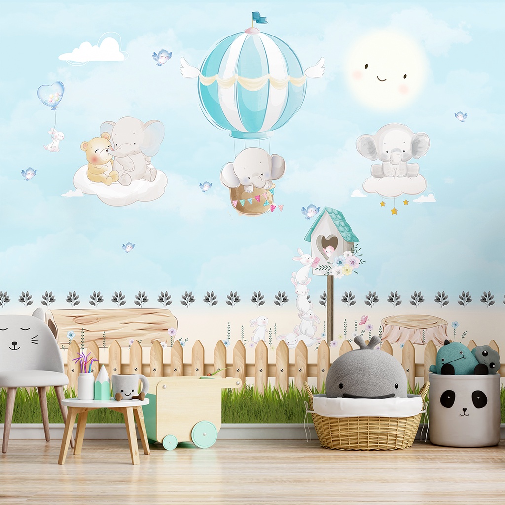 Papel de Parede Infantil Safari Elefante Baby Cute Azul Para Quarto de Bebê e Criança