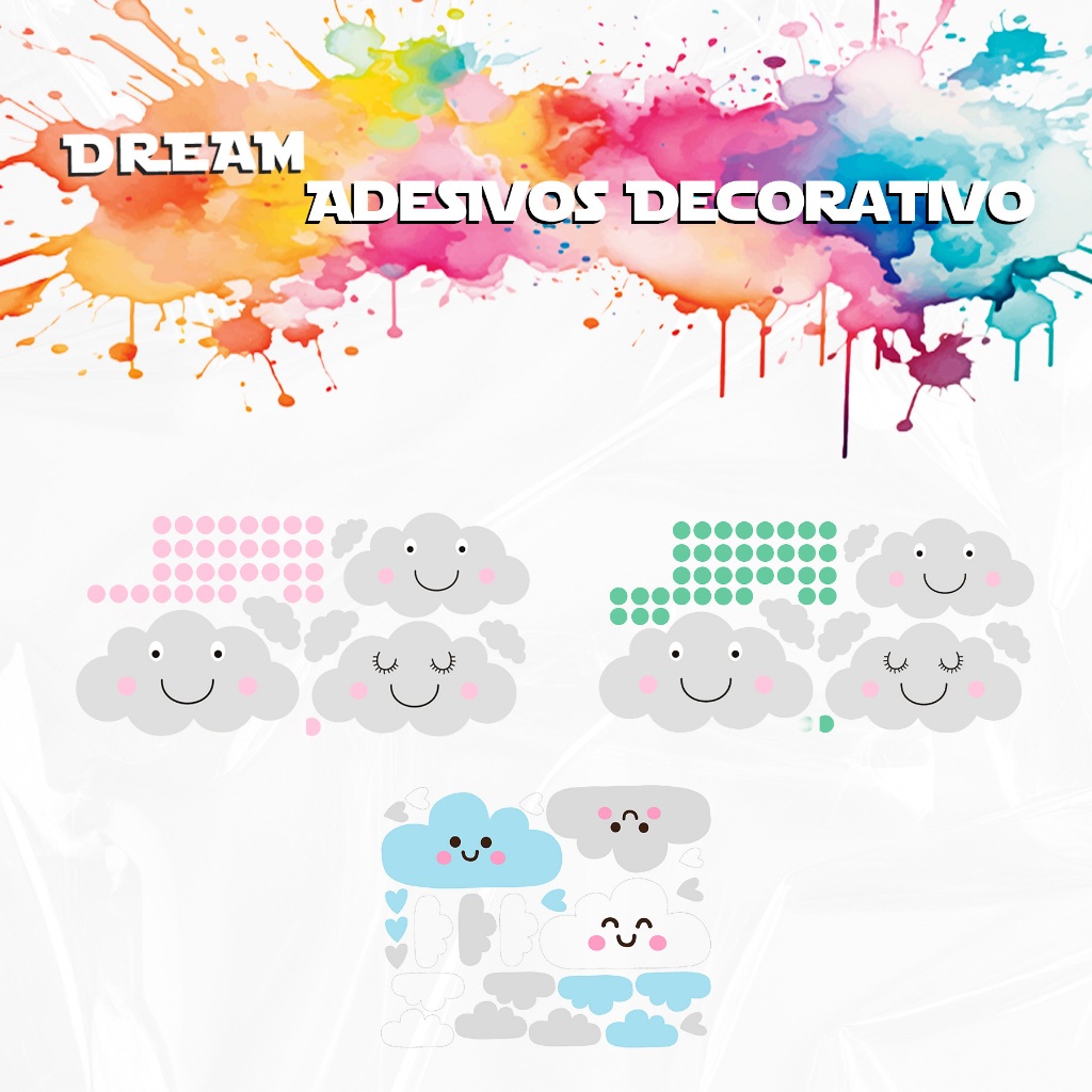 Adesivos Decorativo Vinilico Nuvens Cute Azul Rosa Decoração Quarto Menino Menina Infantil Papel de Parede