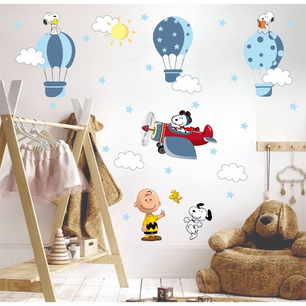 Adesivo de Parede Snoopy Aviador e Balões Cute Baby Azul