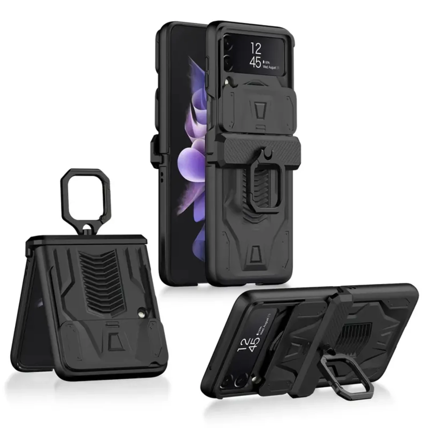 2022 New Stylish Hard Armor Shockproof Case for Samsung Galaxy Z Flip 4 5G with Slide Lens Cover, Magnetic Hinge, and Ring - Ult