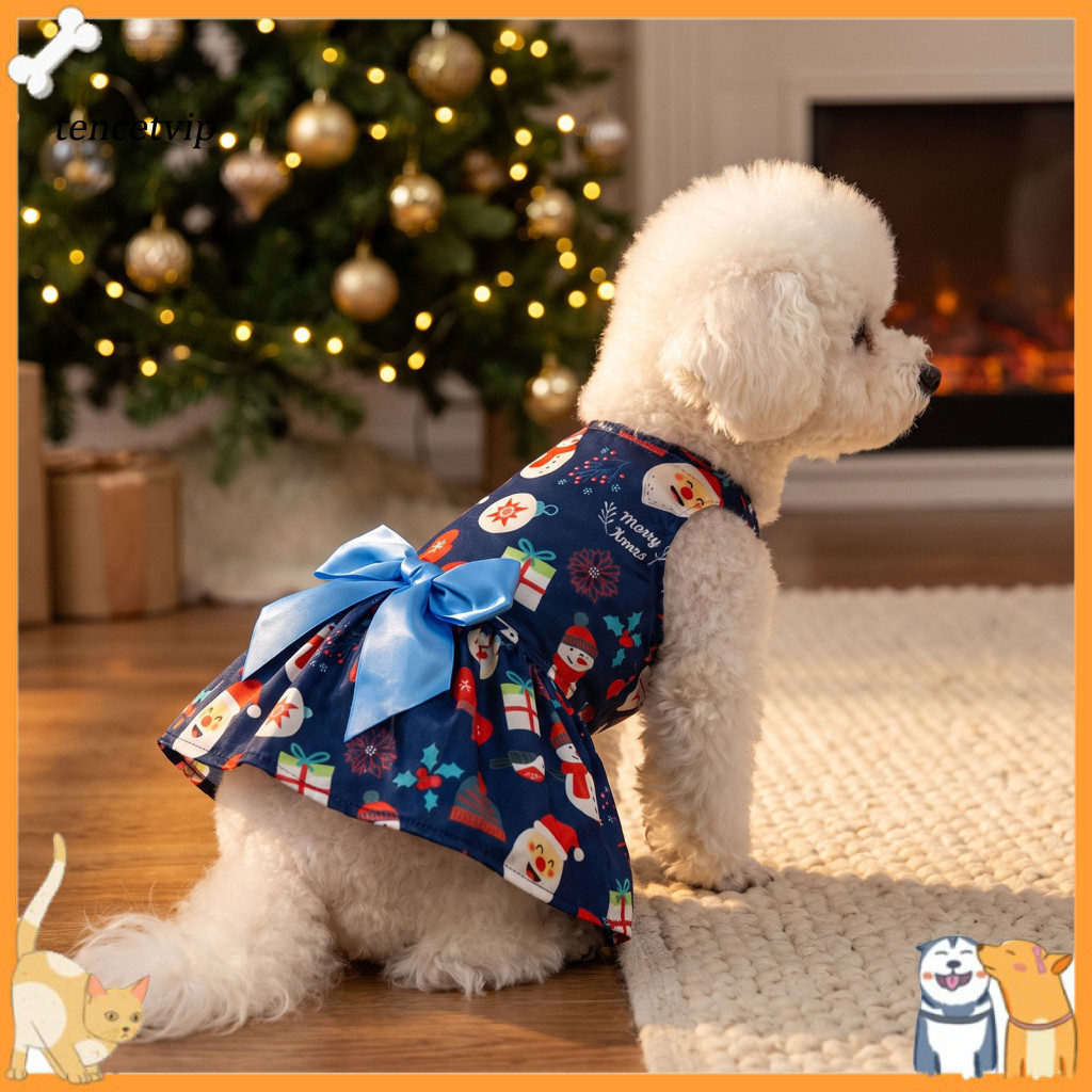Cute Christmas Dog Dress Soft Breathable Puppy Apparel with Bow Holiday Outfit for Small Dogs Festive Party Comfortable