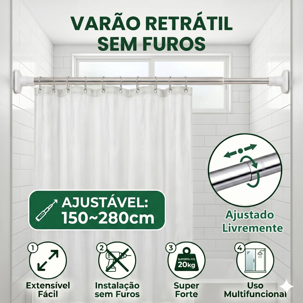 Vara de Cortina de Banheiro - No Drilling Required Curtain Rod Versátil 70-120 90-160 110-200 150-280cm Varal de chão