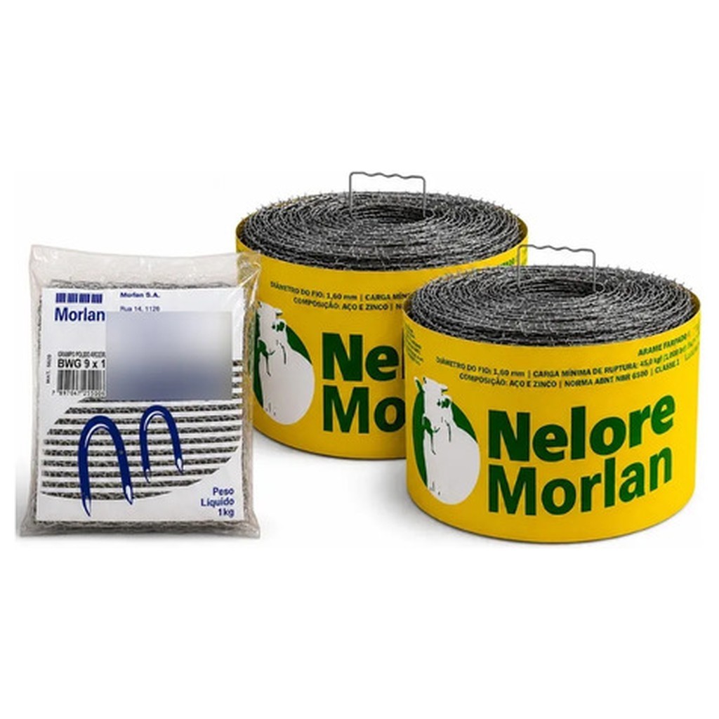 Kit Arame Farpado 500m 2 Rolo Nelore Morlan 1.6mm Galvanizado + Grampo 1kg Cerca Rural Fazenda Sítio