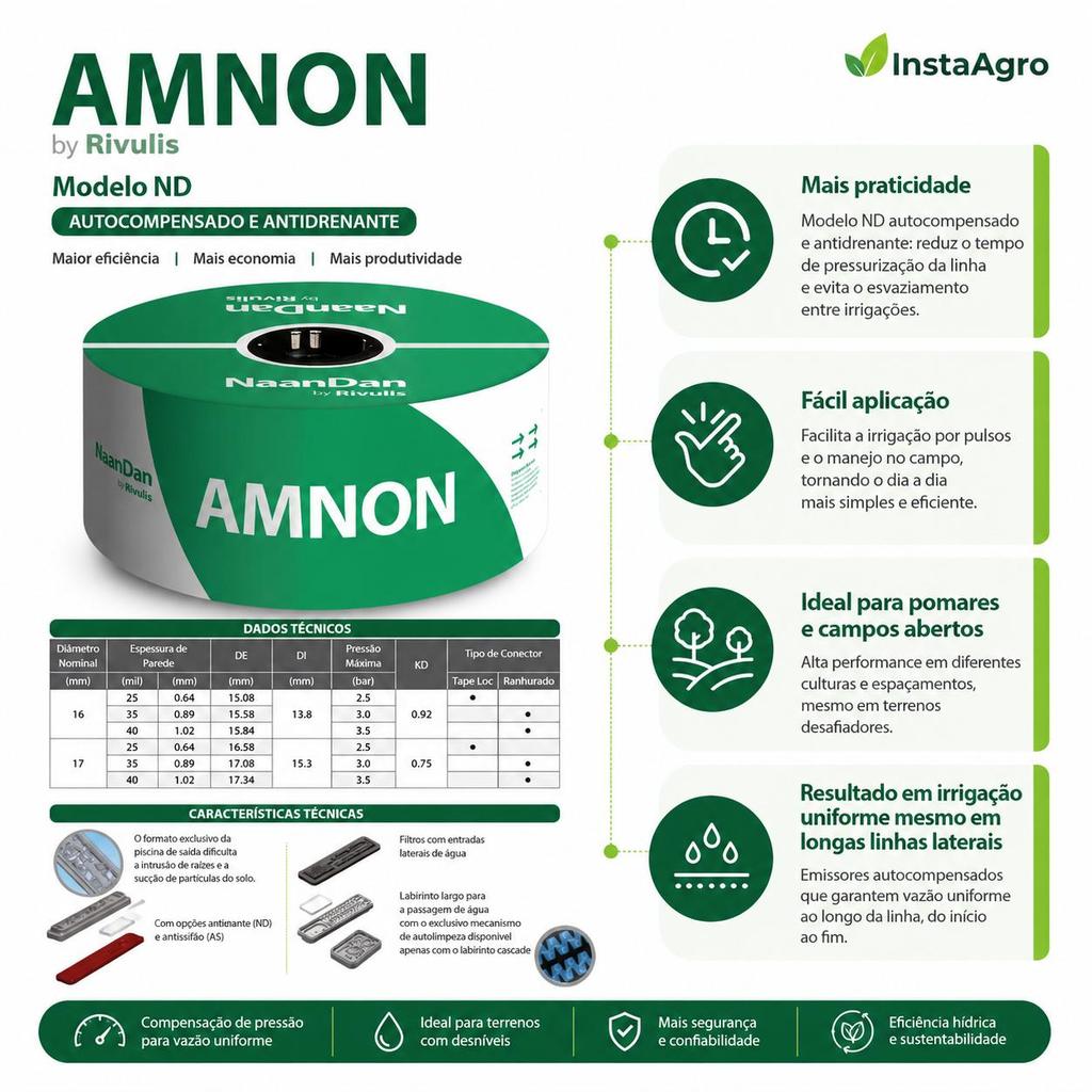 Tubo Gotejador Amnon Nd 17mm 25 Mil 2.2 L/h 40cm 500m - Naandan