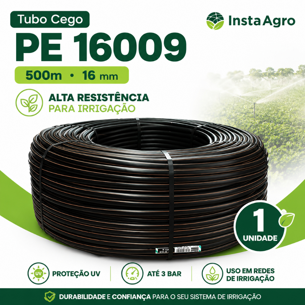 Tubo Cego PE 16009 16mm 500m Para Irrigação Gotejamento Jardim Horta Agrícola Netafim