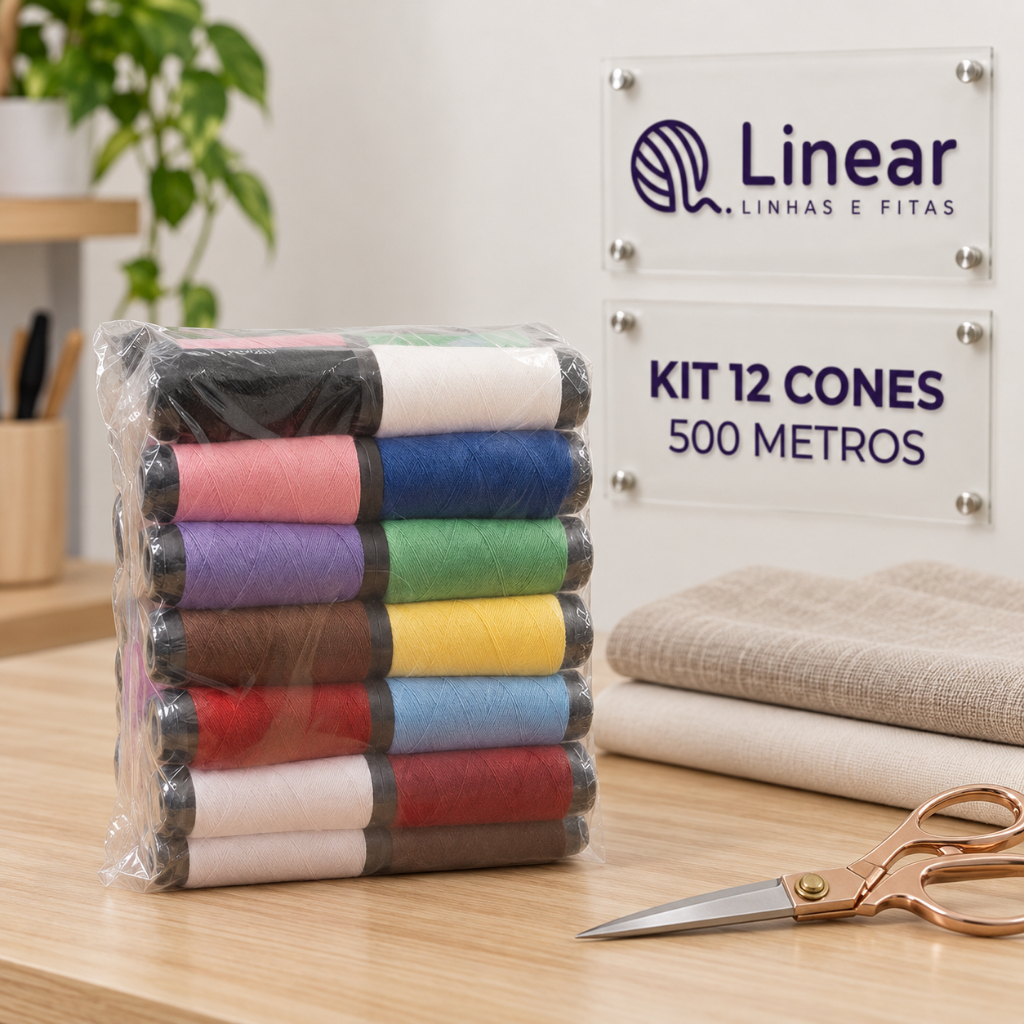 Kit 12 Cones Linha 120 Poliester Costura 500m Sortido Colorido