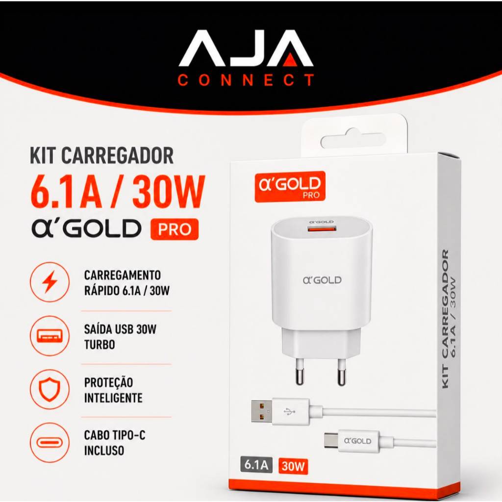Kit Carregador Turbo 30W 6.1A AGOLD PRO CA31-7 + Cabo USB Tipo-C