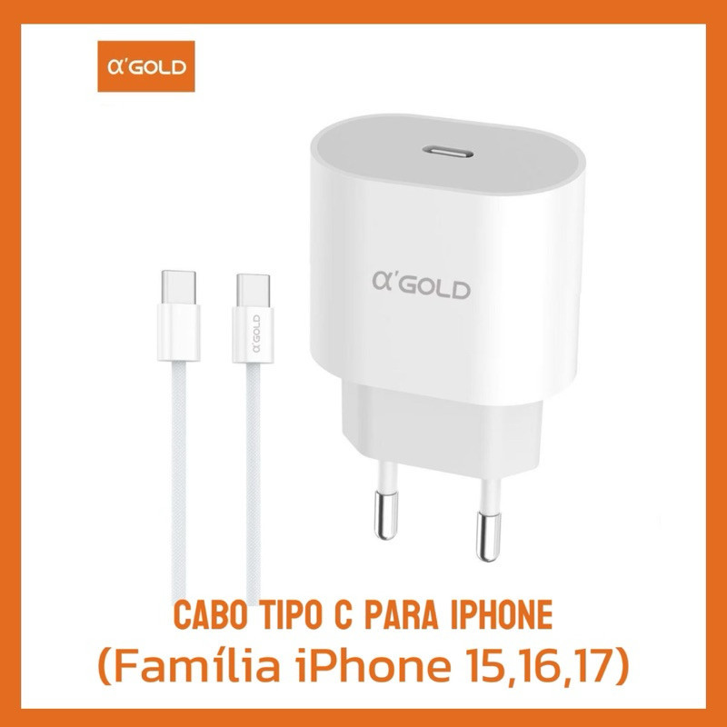 Carregador iPhone Turbo 30W A’Gold PRO Kit Fonte + Cabo Tipo C Lightning e Tipo C Tipo C Original