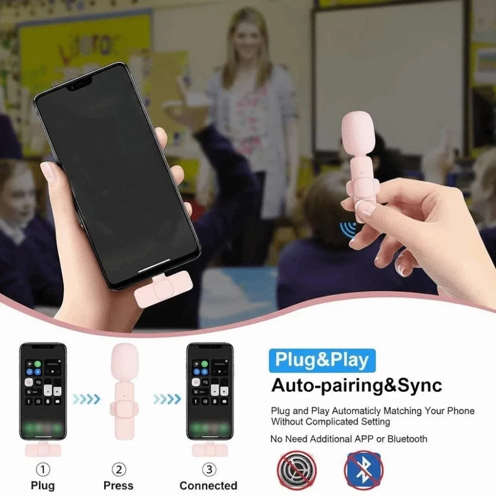 1/2Pcs Wireless Lapel Microphone Noise Reduction Pink Mini Microphone Studio Quality Portable Mobile Phone Microphone Vlog