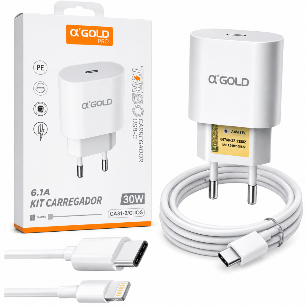 Carregador Turbo 30W Alpha Gold Pro USB-C + Cabo USB-C para Lightning iPhone 6.1A Carregamento Rápido