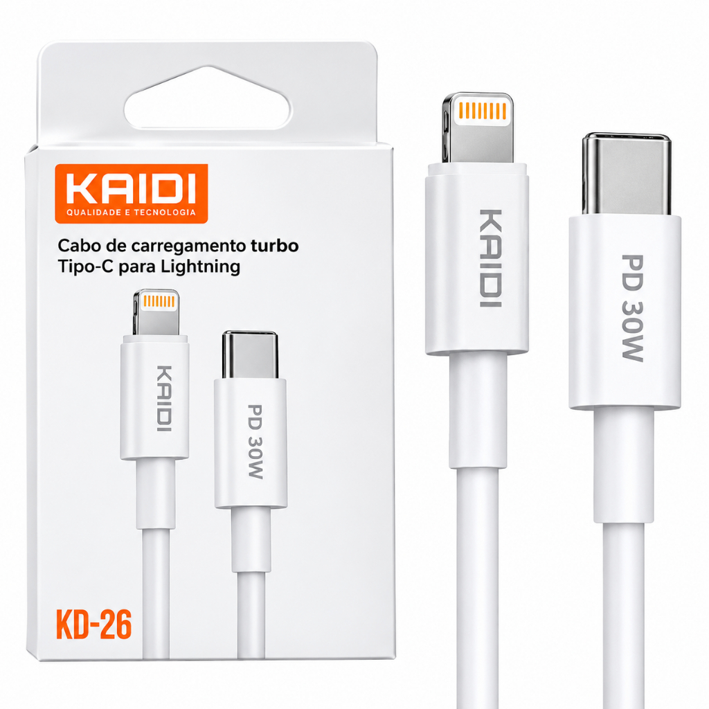 Cabo Turbo USB-C Lightning Kaidi Para iPhone X XR 11 12 13 14 Pro Max Carga Rápida PD Carregador Cabo Dados 30W