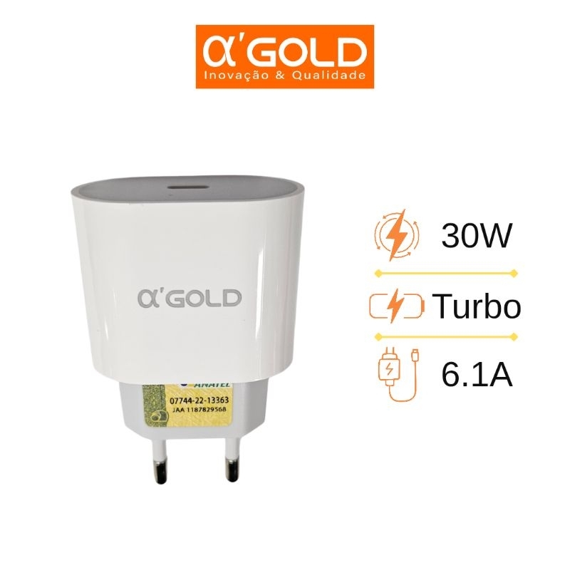 Carregador Turbo 30W aGold Pro USB-C 6.1A Adaptador de Energia Rápido Homologado Anatel