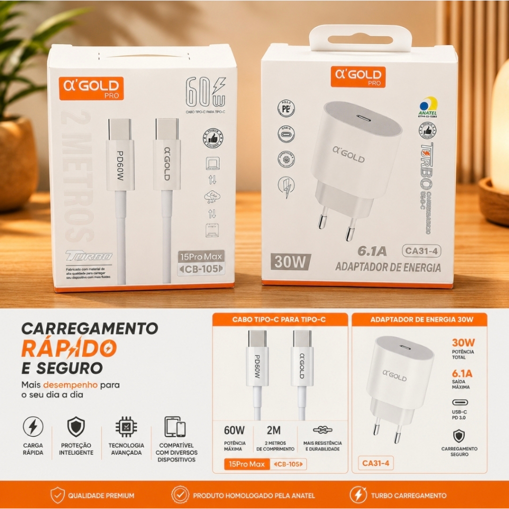 Kit Carregador Rápido 30W + Cabo PD 60W 2 Metros α'Gold Original Para Iphone 15 16 Pro Max