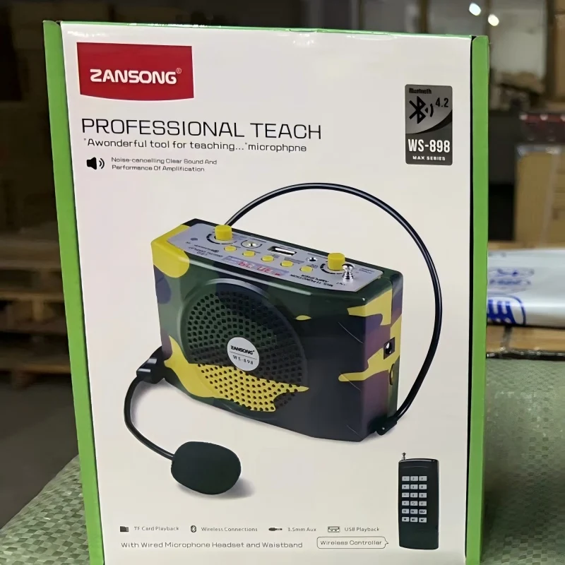 WS898 Professional Teach Megaphone With Wired Microphone Headset Waistband Noise Cancellation Supports BT TF Card 3.5mm Aux USB